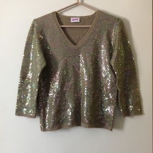 LEGGIADRO 100% Cashmere Camel Iridescent Sequined V Neck Sweater L